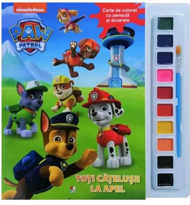 Patrula Cățelușilor. Toți cățelușii la apel. Carte de colorat cu pensule și acuarele - Paperback brosat - *** - Litera mică