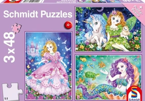 Puzzle Schmidt: Prințesa, zâna și sirena, set de 3 puzzle-uri x 48 piese + cadou: poster