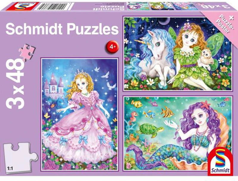 Puzzle Schmidt: Prințesa, zâna și sirena, set de 3 puzzle-uri x 48 piese + cadou: poster