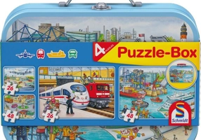 Puzzle-Box Schmidt: Mijloace de transport, set de 2 puzzle-uri x 48 piese și 2 puzzle-uri x 26 piese + bonus: cufăr metalic