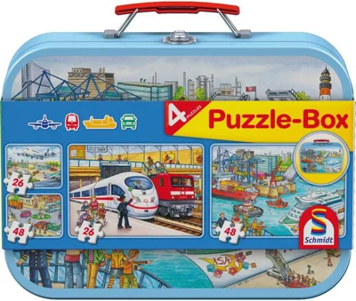 Puzzle-Box Schmidt: Mijloace de transport, set de 2 puzzle-uri x 48 piese și 2 puzzle-uri x 26 piese + bonus: cufăr metalic