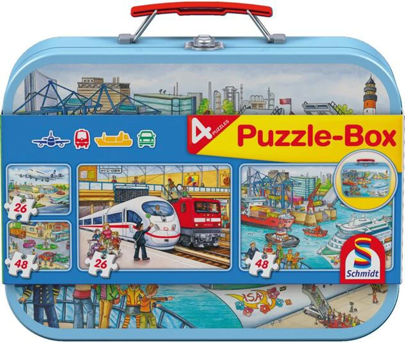 Puzzle-Box Schmidt: Mijloace de transport, set de 2 puzzle-uri x 48 piese și 2 puzzle-uri x 26 piese + bonus: cufăr metalic