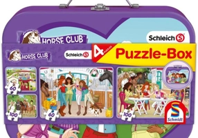Puzzle-Box Schmidt: Schleich - Horse Club, set de 2 puzzle-uri x 100 piese și 2 puzzle-uri x 60 piese + bonus: cufăr metalic