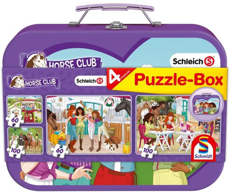 Puzzle-Box Schmidt: Schleich - Horse Club, set de 2 puzzle-uri x 100 piese și 2 puzzle-uri x 60 piese + bonus: cufăr metalic
