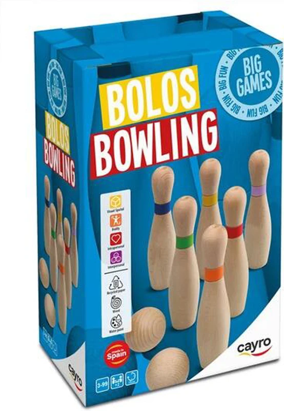 Joc din lemn bowling Cayro cu 6 popice, 2 bile, și un sac de transportat