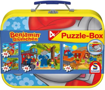 Puzzle-Box Schmidt: Benjamin Blümchen - Elefantul Benjamin, set de 2 puzzle-uri x 48 piese și 2 puzzle-uri x 26 piese + bonus: cufăr metalic