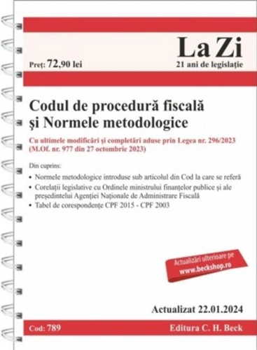 Codul de procedură fiscală și Normele metodologice de aplicare. Cod 789. Actualizat la 22.01.2024
