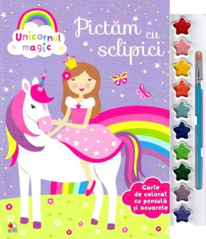 Unicornul magic. Pictăm cu sclipici. Carte de colorat cu pensulă și acuarele