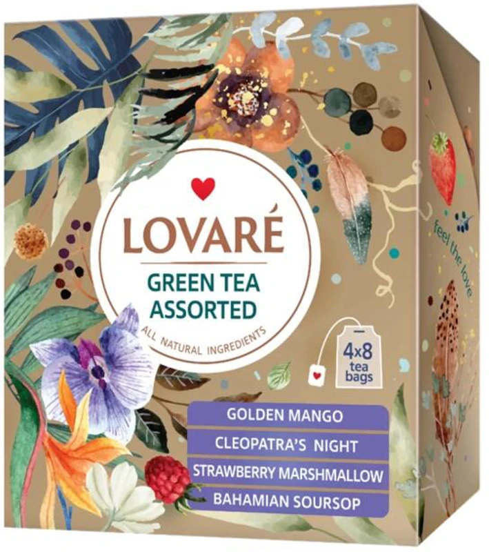 Cutie cu 32 pliculețe de ceai verde asortat Lovaré (4 arome x 8 pliculețe): Golden Mango, Cleopatra’s Night, Strawberry Marshmallow, Bahamian Soursop 32 g