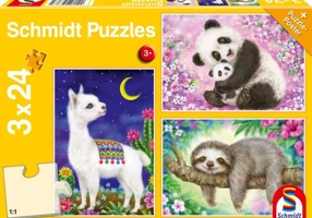 Puzzle Schmidt: Panda, leneș și lama, set de 3 puzzle-uri x 24 piese + cadou: poster