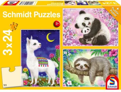 Puzzle Schmidt: Panda, leneș și lama, set de 3 puzzle-uri x 24 piese + cadou: poster