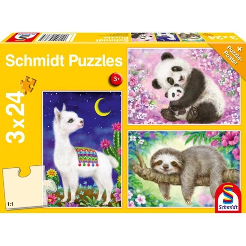 Puzzle Schmidt: Panda, leneș și lama, set de 3 puzzle-uri x 24 piese + cadou: poster