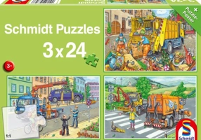 Puzzle Schmidt: Mașină gunoi, remorcher și măturator, set de 3 puzzle-uri x 24 piese + cadou: poster