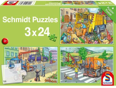 Puzzle Schmidt: Mașină gunoi, remorcher și măturator, set de 3 puzzle-uri x 24 piese + cadou: poster
