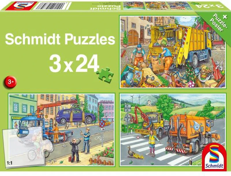 Puzzle Schmidt: Mașină gunoi, remorcher și măturator, set de 3 puzzle-uri x 24 piese + cadou: poster