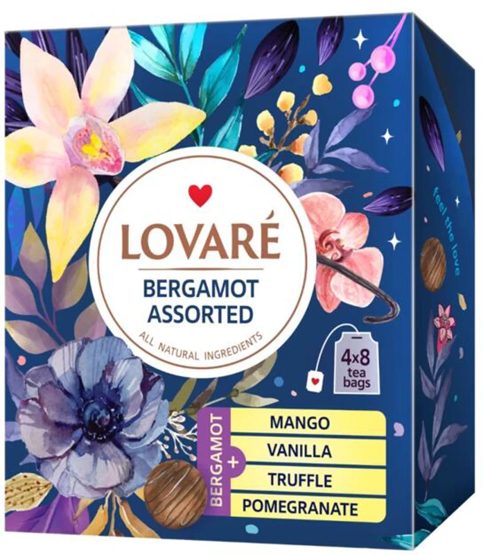 Cutie cu 32 pliculețe de ceai negru cu bergamotă asortat Lovaré (4 arome x 8 pliculețe): Mango, Vanilie, Trufă, Rodie 32g