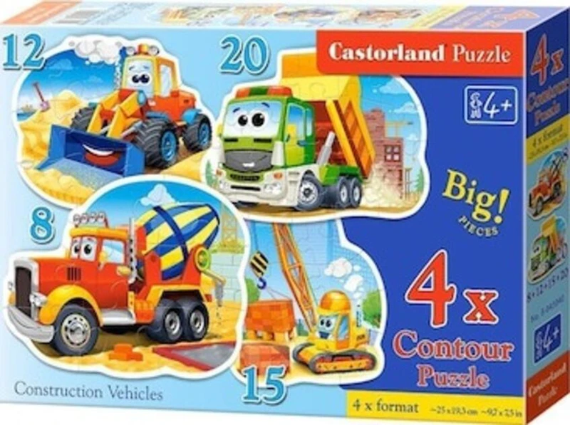 Puzzle 4 în 1 (8+12+15+20 piese) „Vehicule de construcții”