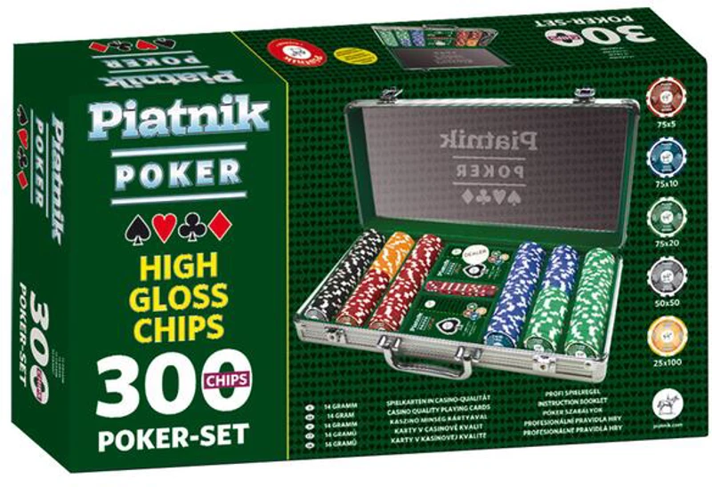 Set Piatnik Poker profesional - 300 jetoane de cazinou de 14 grame, 2 pachete cărți de joc, 5 zaruri