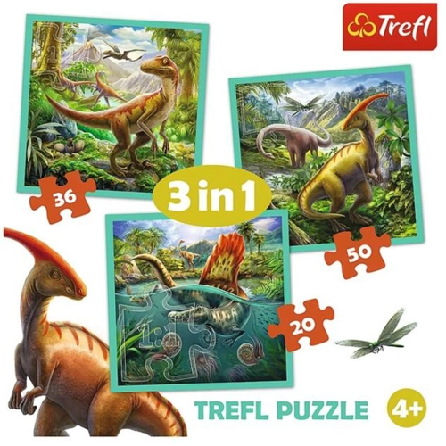 Puzzle 3 în 1 (20+36+50 piese) „Lumea extraordinară a dinozaurilor”