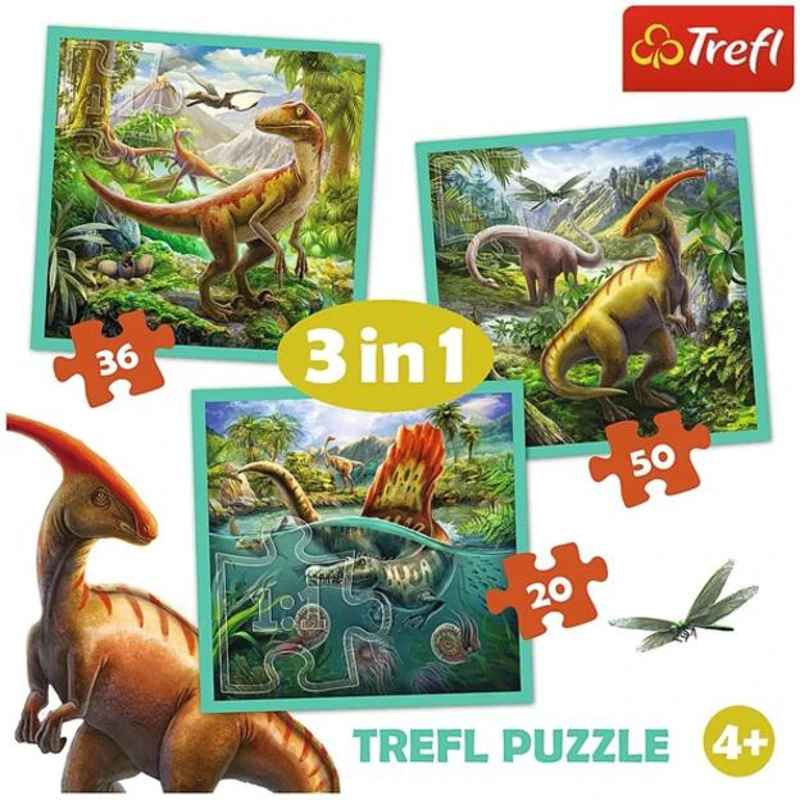 Puzzle 3 în 1 (20+36+50 piese) „Lumea extraordinară a dinozaurilor”